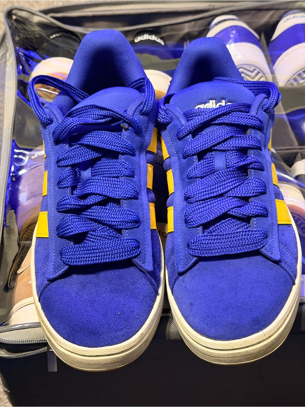 adidas Blue Suede Sneakers with Yellow Stripes